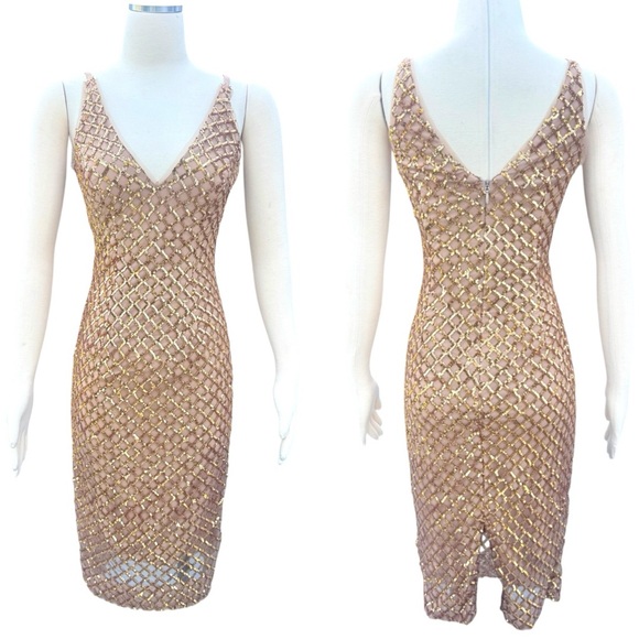 DRESS The Population Luna Gold Sequin Embellished V-Neck Cocktail Mini Dress - Picture 10 of 13